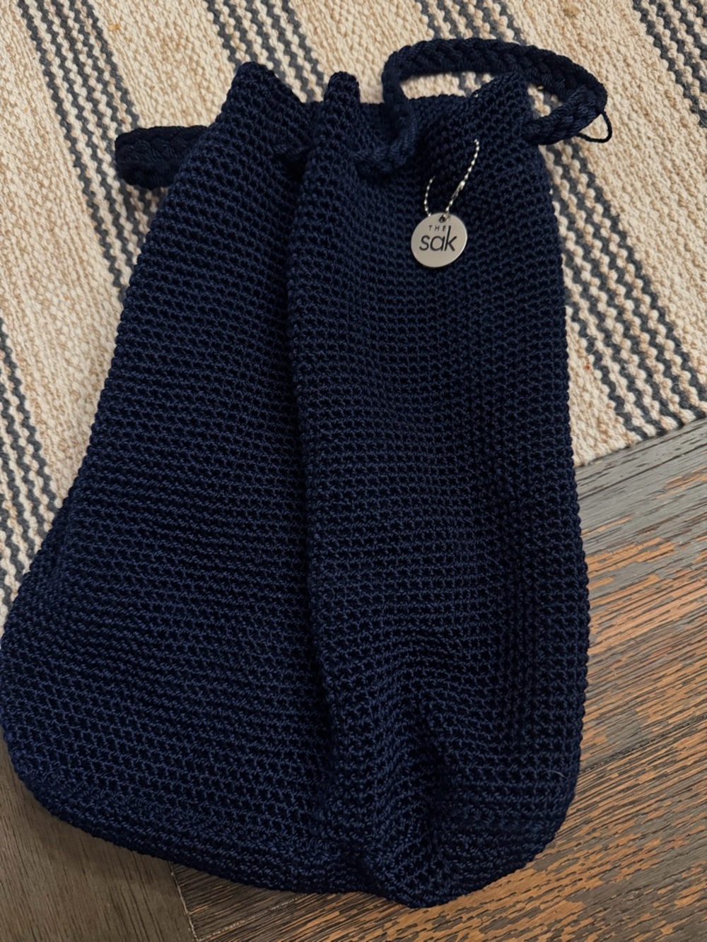 The Sak Navy Knit Drawstring Bucket Bag